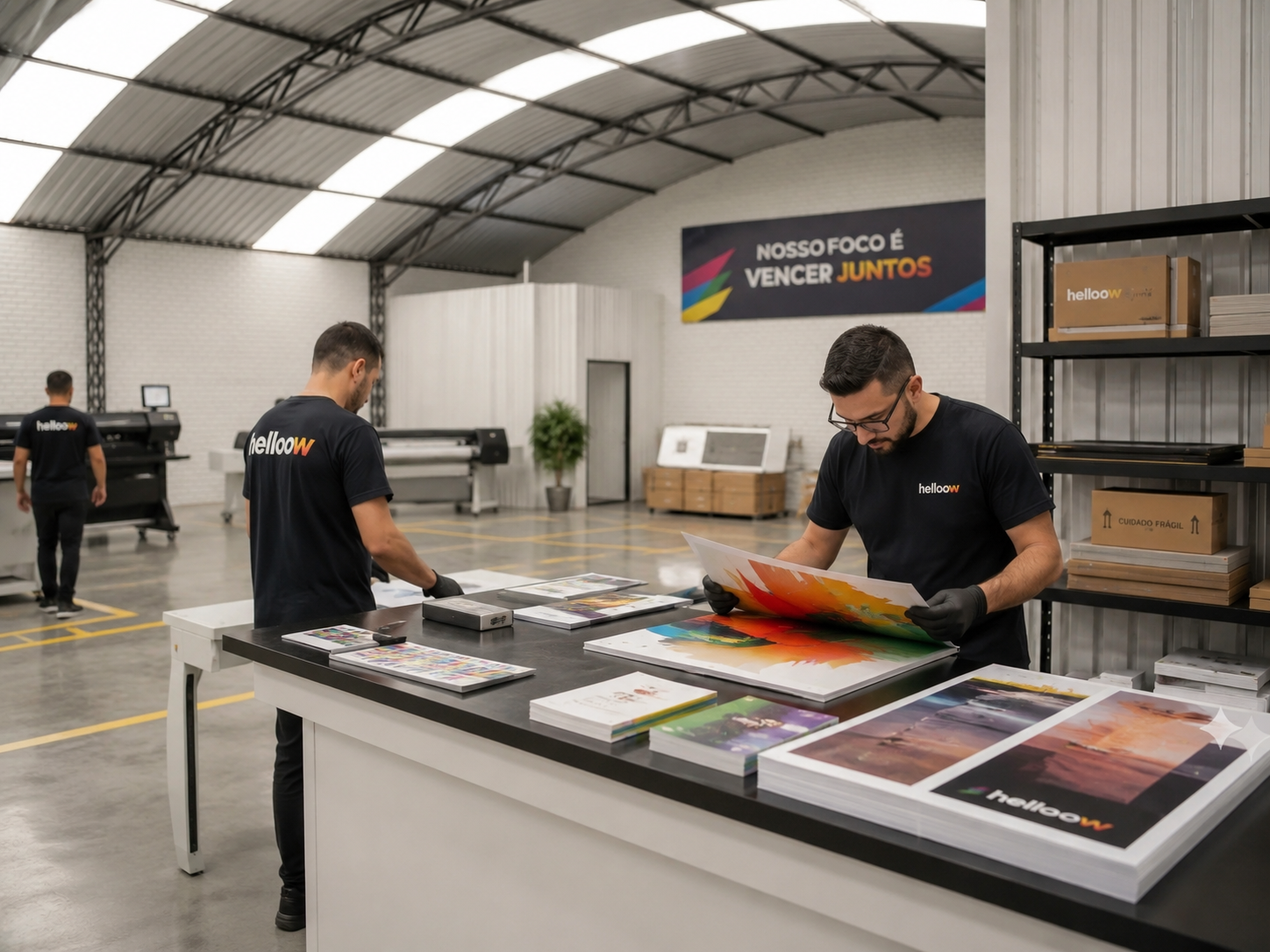 Equipe realizando a conferência dos materiais impressos da Helloow